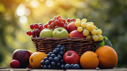 Canvas Print - basket of fruits,  organic fruit on basket on blur nature background