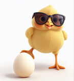 Fototapeta Zwierzęta - A baby yellow chick cartoon character in 3D, sporting sunglasses and casually resting a leg on an egg against a white background