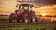 A Red Tractor Diligently Plows A Fertile Field, Preparing The Soil For Cultivation And Planting In A Vibrant Agricultural Scene