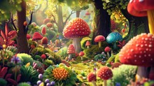  A Painting Of A Forest Filled With Lots Of Different Types Of Trees And Mushrooms In The Middle Of A Forest Filled With Lots Of Different Colors And Sizes Of Mushrooms.