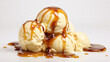 vanilla ice cream with melted caramel sauce isolated on a white background
