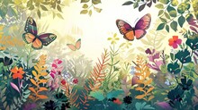  A Painting Of Two Butterflies Flying Over A Lush Green Field Of Flowers And Plants On A Sunny Day With Sunlight Coming Through The Leaves Of The Tops Of The Trees.