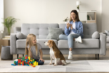 Happy mom taking picture of pet and child, sitting on comfortable sofa, watching little kid and dog playing with building cubes on warm floor, using mobile phone, shooting, recording