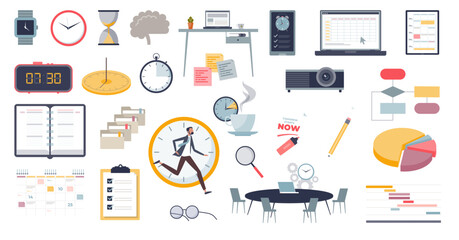 Wall Mural - Time management objects and daily schedule planning tiny person concept, transparent background. Deadline elements for appointment organization and meetings illustration.