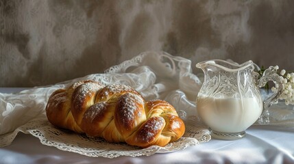  two croissants sitting on a doily next to a pitcher of milk and a glass of milk on a lace doily on a white tablecloth.