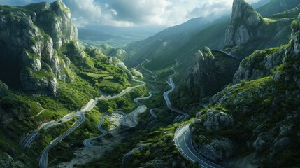 Wall Mural -  a painting of a winding mountain road in the middle of a lush green valley under a blue sky with white clouds and a few cars driving down the middle of the road.