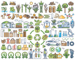 Bio based materials and packaging production using plants outline collection, transparent background. Element set with renewable resources and biodegradable product usage illustration.