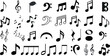 Musical notes vector icons, black symbols, white background. Melody, harmony, music design elements for web, app. Elegant style, treble, bass, quarter, eighth, sixteenth notes