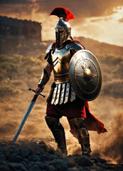 Wall Mural - Roman male legionary (legionaries) wear helmet with crest, long sword and scutum shield, heavy infantryman, realistic soldier of the army of the Roman Empire, on Rome background. Warrior Gladiator