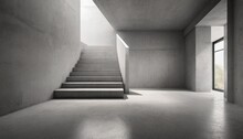 Abstract Empty Modern Concrete Room With Stairs Indirect Light From The Left And Rough Floor Industrial Interior Background Template