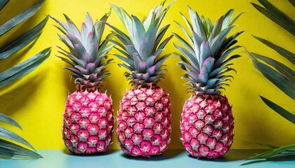  pink painted pineapples on a vivid yellow background