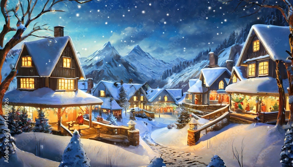 christmas night in village snow man ice mountain snow houses concept ...