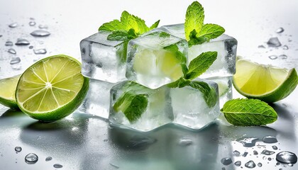 Wall Mural - ice cube ice cubes with fresh mint leaves and lime frozen water in shape of cube ice for lime drink lemon soda or cocktails cold lemonade melting natural or real ice on white background