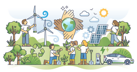 Wall Mural - Climate policy and protection with eco practices outline concept, transparent background. Sustainable and environmental awareness with alternative energy.