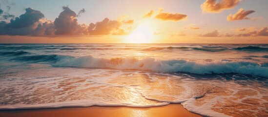 Canvas Print - Serenity of tropical beach landscape with calming waves, golden sunset, and peaceful vibes.