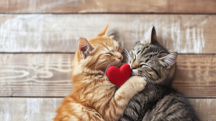 Two cats in love on an empty wooden background and heart-shaped confetti. Happy Valentine's Day or Valentine's Day greeting card. Free space for text