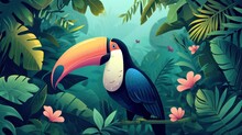  A Toucan Bird Sitting On A Tree Branch In A Tropical Forest With Flowers And Leaves On A Sunny Day With A Blue Sky And Yellow - Green Background.