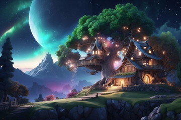 house on tree with aurora at night