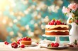 Delicious cake on table bright background