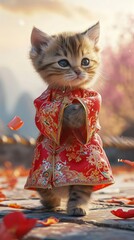 A realistic image of a baby kitten walking on its hind legs, wearing traditional chinese new year dress. The kitten appears lifelike, with realistic fur texture and natural colors.