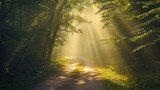Fototapeta Las -  a dirt road in the middle of a forest with sunbeams shining through the trees on either side of the road is a dirt road with grass and trees on both sides.