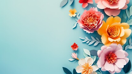 Wall Mural - Colorful handmade flowers on plain blue background