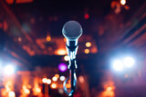 Fototapeta Kosmos - Microphone on stage against a background of auditorium.