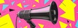 Vintage megaphone illustration in pop art style with vibrant pink, yellow, and blue geometric shapes on a retro-inspired poster.