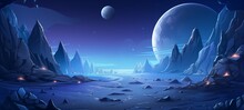 Fantasy Alien Landscape With Icy Terrain, Sharp Mountains Under A Twilight Sky, Featuring A Detailed Moon And Dominant Planet. Perfect For Space-themed Games.