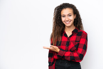 Canvas Print - Young Arab woman isolated on white background presenting an idea while looking smiling towards