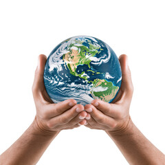 Two hands holding planet earth isolated on white or transparent background