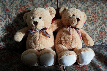 two teddy bears on a wooden background