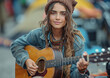 © DenisMArt - Happy beautiful female street musician singer with acoustic guitar making beautiful music on city streets.Macro.AI Generative.