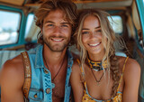 Fototapeta  - Young hippie couple inside vintage van on beach on road trip vacation.Macro.AI Generative.