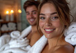 Happy young beautiful couple in luxury hotel spa resort.Macro.AI Generative.