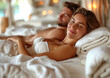Happy young beautiful couple relaxing after massage in luxury hotel spa resort.Macro.AI Generative.