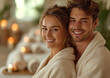 © DenisMArt - Happy young couple in white bathrobes in luxury hotel spa resort.Macro.AI Generative.