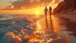  a couple of people walking on a beach next to the ocean with the sun setting in the sky over the ocean and behind them, there are waves coming in the foreground.