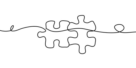 Wall Mural - Two connected puzzles line art. Jigsaw pieces continuous one line drawing. No background illustration.