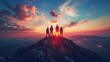 © pinkrabbit - Silhouette of business team stand and feel happy on the most hight at the mountain on sunset, success, leader, teamwork, target, Aim, confident, achievement, goal, on plan, finish, generate by AI