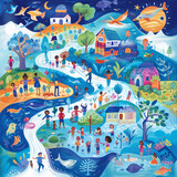 Fototapeta Pokój dzieciecy - A vibrant illustration showcasing diverse communities around the globe coming together to conserve and celebrate water on World Water Day