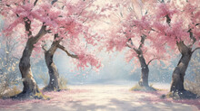  A Painting Of Trees With Pink Flowers In The Foreground And A Dirt Road In The Middle Of The Picture On The Right Side Of The Painting Is A Foggy Background.