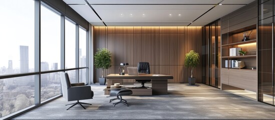 Wall Mural - Contemporary office with ample natural light, including a big window, furniture, and a gray carpet.