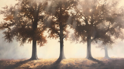  a painting of three trees in a field with sunbeams coming through the trees on a foggy day with sunbeams coming through the trees on the ground.