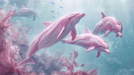 Wall Mural -  a painting of three pink dolphins swimming in a sea with corals on the bottom of the water and seaweed on the bottom of the bottom of the water.