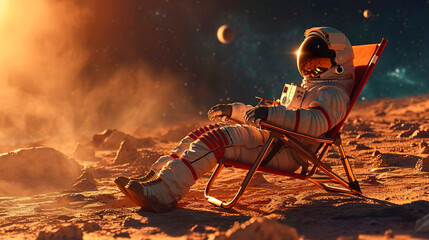 Wall Mural - An astronaut is relaxing in a lounge chair on an alien planet. An astronaut on vacation. Space tourism. Discovering new places in the universe. The future of humanity. 