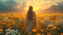  A Woman Standing In A Field Of Flowers With The Sun Setting Behind Her And A Mountain Range In The Distance, Behind Her Is A Field Of Wildflowers.
