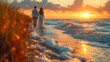  a man and a woman are walking on the beach with the sun setting in the background as the waves lap over the beach and the sand and grass in the foreground.