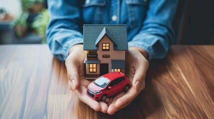 Hands holding car and house. Home loan, car insurance, family life assurance protection, financial mortgage for house building, and legacy planning investment concept with children