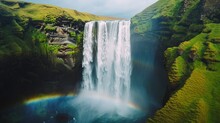 Drone Shot Of Skgafoss Waterfall Forming Beautiful Rainbow, Icelandic Landscape With Nordic Nature. Spectacular Scandinavian Cascade Flowing Down Off Of Cliffs, Panoramic View. 